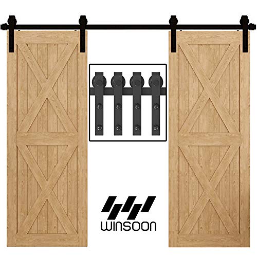 WINSOON 8FT Antique Double Sliding Barn Door Hardware Roller Track Kit Black, 4-18FT