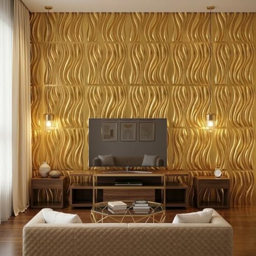 Image of Kayra Decor Luxury 3D PVC Wall Panels - Wave Pattern, Gold Finish | 19.7 inch x 19.7 inch | Pack of 40 | Covers 107.60 Sq. Ft. | Stylish Wall Cladding for Home & Office Interiors