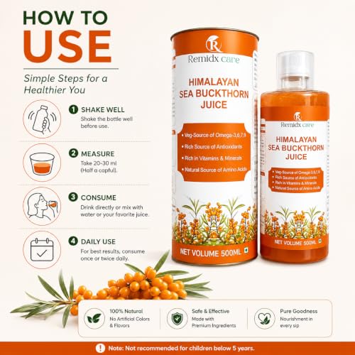 Image of Remidx Care Himalayan Sea Buckthorn Juice 500ml | Rich in Omega 3, 6, 7 & 9 | Natural Source of Antioxidants, Vitamins & Minerals | Amino Acids | Daily Wellness Drink | No Artificial Colors or Flavours Seabuckthorn Juice 500ml.