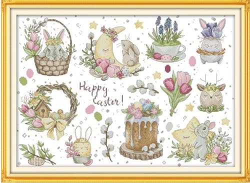 Image of Rosyfoxes Cross Stitch Kits Stamped Full Range of Embroidery Starter Kits for Beginners DIY 14CT 2 Strands - Printed kit Easter Bunny (Printed) 22.8x16.9 inches
