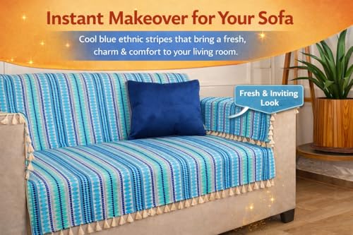 Image of Gifts Island 1 Seater Cotton Sofa Cover Mat | Anti Slip Armchair Cover Throw | All Over Furniture Protector with Elastic Straps | Washable Couch Cover for Living Room (Blue, 1 Seater)