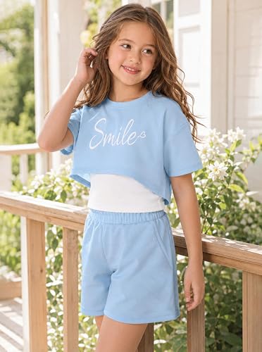 Image of Girl's Summer 3 Piece Outfits Graphic Short Sleeve Crop Top Cami and Shorts Clothes Set