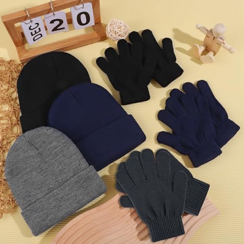 Image of Cooraby 6 Pack Kid's Winter Beanies Hat Full Fingers Gloves Set Skull Winter Caps Stretchy Gloves for Boys Girls