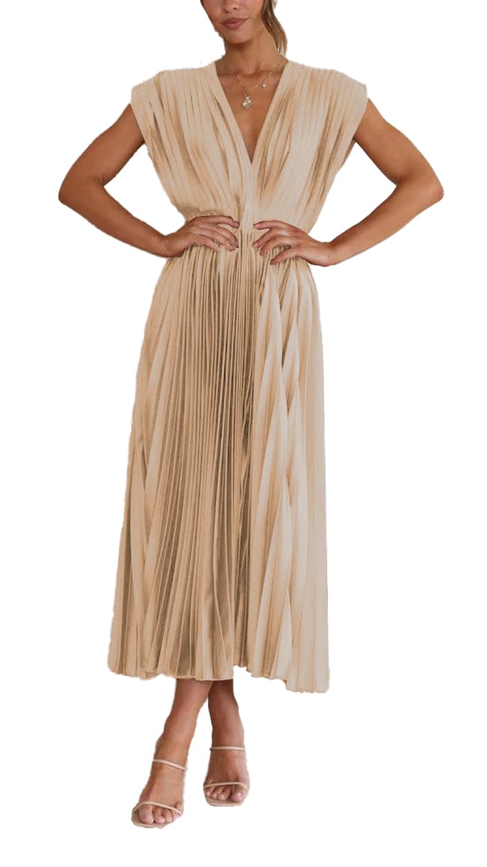 Epanus Womens V Neck Pleated Maxi Dresses for Wedding Guest Satin Sexy Dress High Waist Sleeveless Casual A Line Flowy Dress Champagne