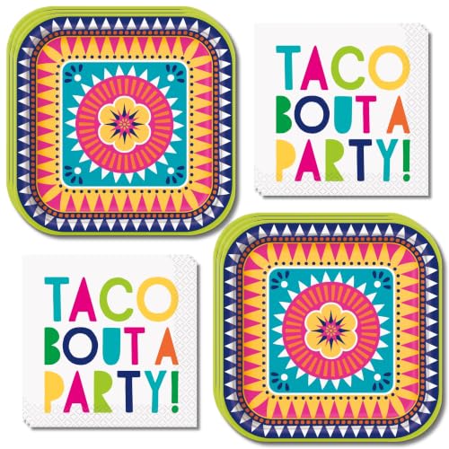 Taco Bout a Party Supplies – Fiesta Paper Plates and Taco Bout Napkins (Serves 16) – Mexican Fiesta Decorations Tableware for Cinco de Mayo, Taco Bar