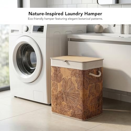 Image of Kura by Ekhasa Floral Laundry Basket with Lid 60L, Bamboo Laundry Basket for Clothes, Foldable Laundry Hamper Basket with Removable Laundry Bag for Bedroom Bathroom Clothes Storage