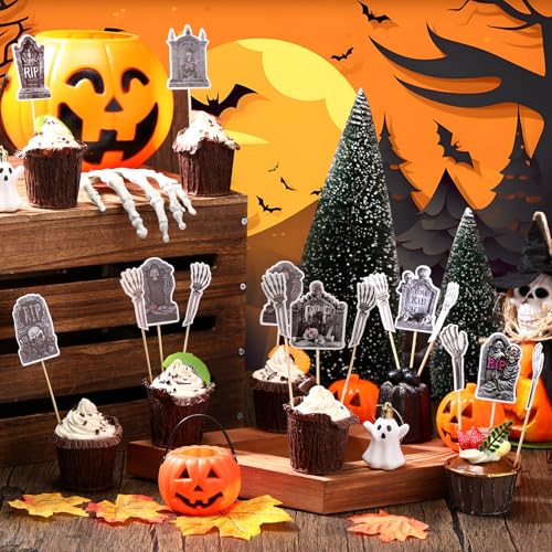 Yalikop 48 Pieces Halloween Cupcake Toppers Cake Decorations 24 Pcs Tombstone & 24 Pcs Skeleton Zombie Hand Tombstone Graveyard Cupcake Toppers for Halloween Horror Party Zombie Theme Party Decoration by Yalikop - Used condition - Image 3