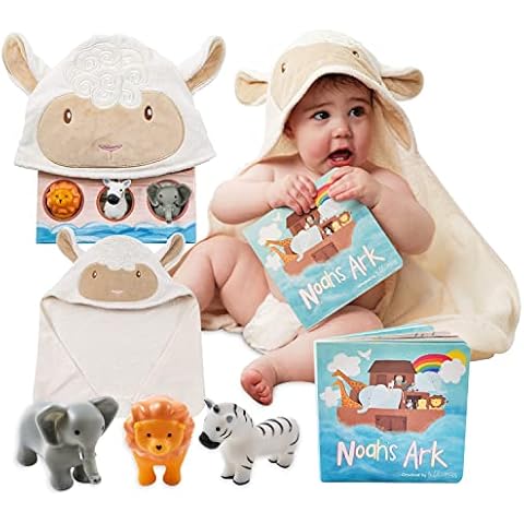 Tickle & Main Noahs Ark Baptism Gifts for Boys, Ark Toy Gift Set for Baby Shower and Birthday, Gift-Ready Fun 5-Piece Set Includes Story Book, Hooded Towel and 3 Squirt Toys for Toddlers & Kids Cover