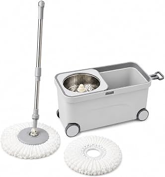 GREY Spin Mop and Bucket Set with Wringer, Hands-Free Stainless Steel Spin System, 360  Rotating Microfiber Mop, 2 Reusable Mop Heads, Wheeled Bucket for Hardwood, Tile, Laminate & Vinyl Floors