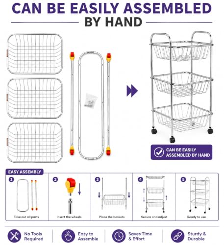 Image of Stainless Steel 3-Tier Kitchen Trolley with Wheels, Vegetable and Fruit Storage Organizer Basket Rack Stand.