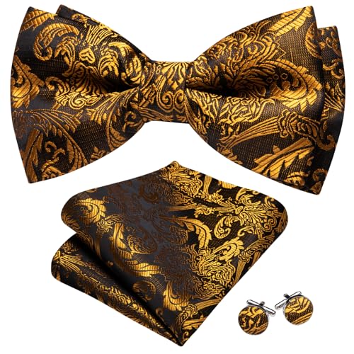 Image of Barry.Wang Paisley Striped Bow Tie for Men Silk Pre-Tied Bowtie Pocket Square Cufflinks Set Formal Wedding Party Prom