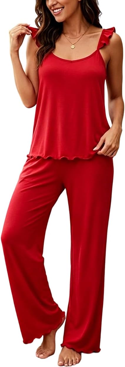 Women’s 2 Piece Pajama Set Frill Trim Camisole Top and Wide Leg Pants V Neck Backless Sleepwear with Pockets