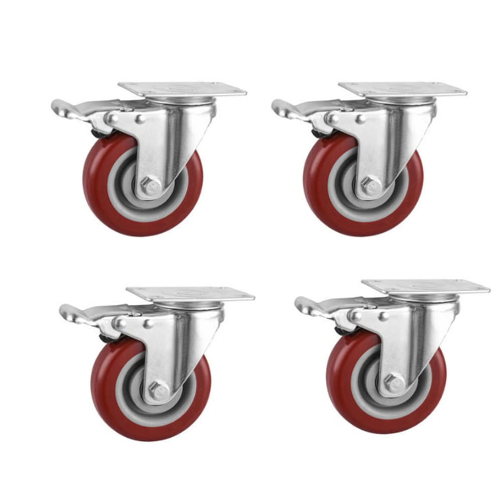 Lot de 4 roulettes robustes 75 mm M12 x 30 mm jusqu'à 90 kg avec frein et tige filetée sans traces de sol silencieuses pour meubles 4 roulettes plates pivotantes (avec frein)