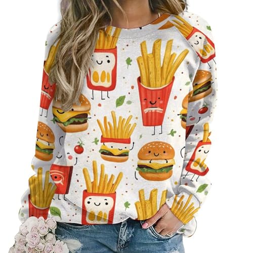 Sweat-shirt graphique femme imprimé frites burger à col rond et manches longues confortable
