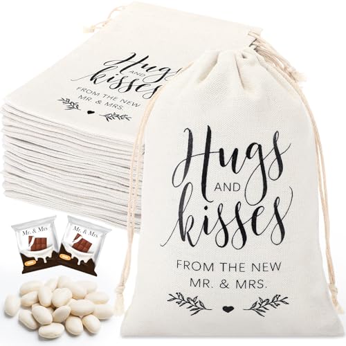 Wesnoy 20 Pcs Wedding Favor Cotton and Linen Bags 5x7inch Candy Drawstring Welcome Gift Bags for Guests Printed Hugs and Kisses from the New Mr. & Mrs. Wedding Engagement Bridal Shower Party Favors
