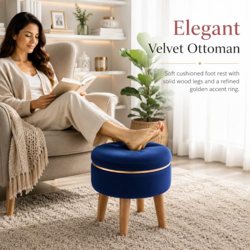Image of Ottoman Stool for Living Room Foot Rest | Velvet Small Ottoman Foot Stool | Solid Wood Legs | Footstool Puffy for Home, Bedroom & Makeup Table | 30 x 30 cm (12 x 12 Inch) | Royal Blue