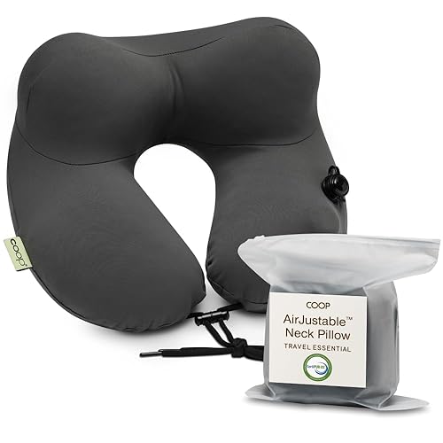 Coop Home Goods AirJustable Travel Neck Pillow, Inflatable, Adjustable Support for Neck & Chin, Compact Travel Pillow, Soft Memory Foam Comfort, Airplane Travel Essentials, Cooling & Washable Cover