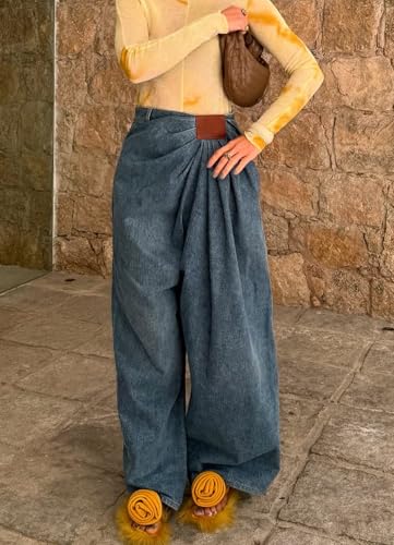 Women's Denim Harem Pants Casual High Waist Pleated Wide Leg Jogger Denim Pants Streetwear3
