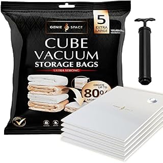 GENIE SPACE Storage Vacuum Bags - Pack of 5, Extra Large | Strong Space Saving Cube, 100x80x38cm | Premium Airtight & Reusable Vacuum Bags for Clothes, Towels, Bedding & Pillows | With Travel Pump