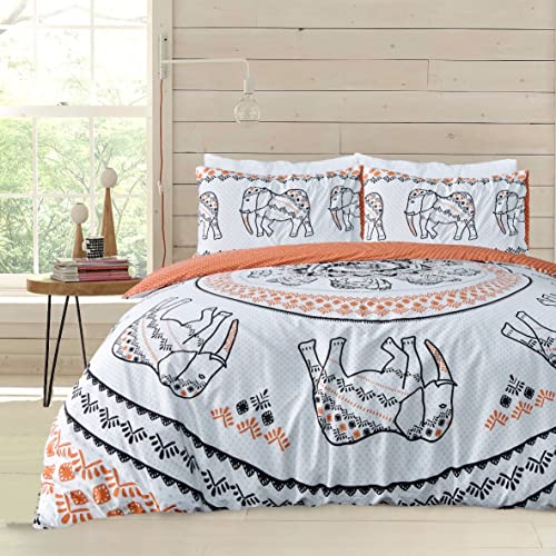 Sleepdown Tribal Elephant Mandala White Rust Orange Reversible Duvet Cover Quilt Pillow...