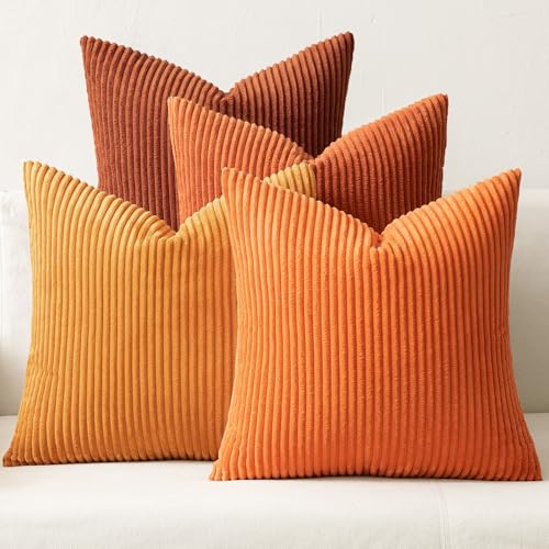 Image of MIULEE Boho Farmhouse Throw Pillow Covers 18x18 Inch Set of 4 Mordern Nordic Cushion Covers Soft Corduroy Home Decor for Couch Bed Sofa Living Room Orange Rust