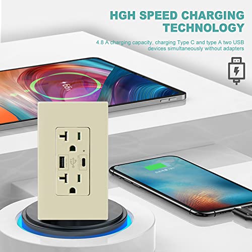 Usb Type C Wall Outlet Dual High Speed Receptacle 20 Amp, Smart 4.8A Fast Charging Capability, Tamper Resistant Wall Plate Included Ul Listed, Not For Laptops, (Ivory, 2 Pack) #TOP4