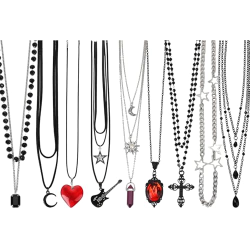 JATEBI 9 PCS Y2K Gothic Necklace Set - Grunge Emo Gothic Accessories Heart and Star Necklace for Women Retro Emo Jewelry Accessories for Rocker Outfits