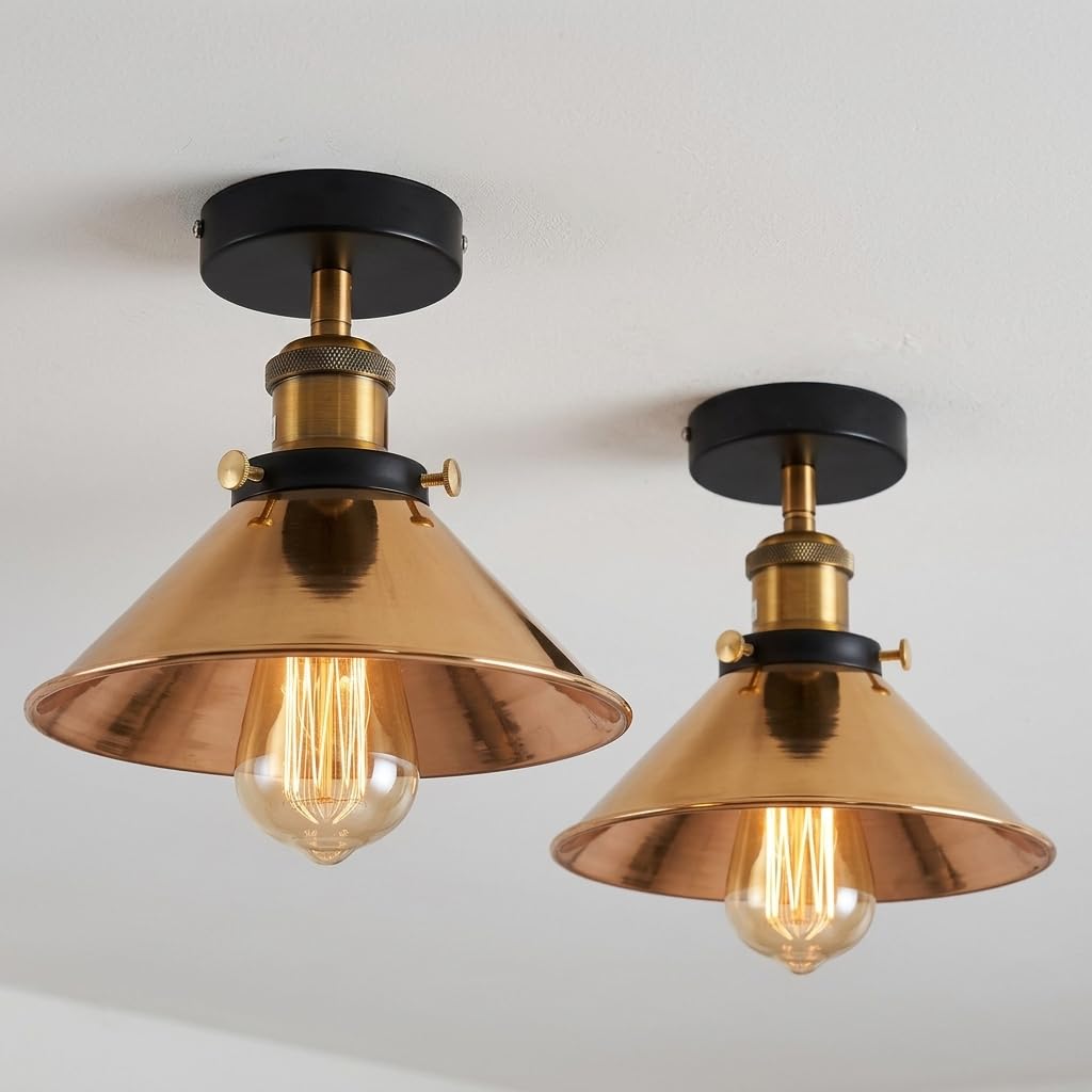 LEDSone Industrial 2 Pack Semi Flush Mount Ceiling Lighting 22cm French Gold Cone Lampshade E27 Fitting for Kitchen Hallway Dining Rooms Living Room with Bulb