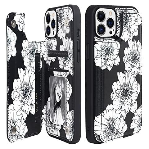 FLYEE Women Phone Wallet Case Compatible for iPhone 16 pro max with Card Holder,Kickstand,Easily 3 Cards,Premuim Leather with Flowers Bring Charms,Cover Raised coner add Protections(Black,6.9inch) Cover