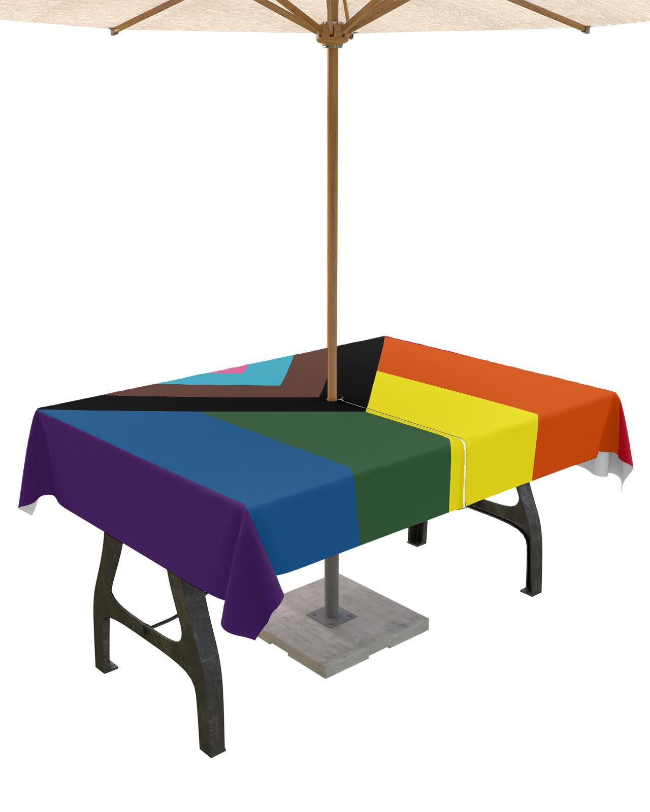 BABE MAPS Outdoor Tablecloth with Umbrella Hole and Zipper, Rainbow Stripes Color Texture Rectangle Waterproof Table Cloth Wrinkle-Free Washable Table Cover for Patio Picnic Party Table Decor 60x84in