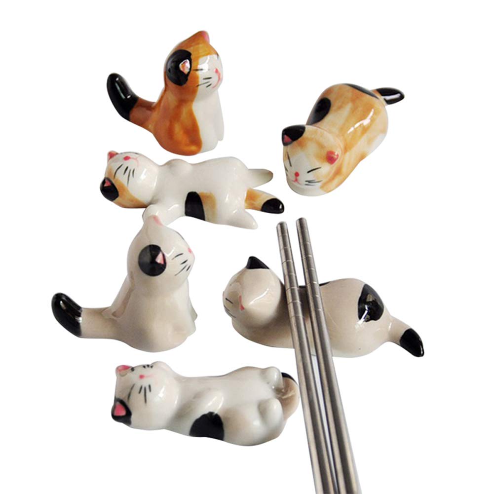 6 Repose-Baguettes Mignons En Forme De Chat - Céramique Jaune & Gris, Support Multifonction Baguettes, Cuillères, Fourchettes