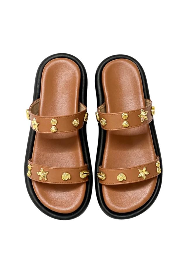 Women Tan Daily Sandals Soft Cushion Comfort Slip-On Casual Flats | 219-image-33