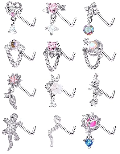 Tornito 12Pcs Nose Ring Nose Stud L Shaped Snake Butterfly CZ Flower Moon Dangle Nose Rings Stud for Women Men Silver Gold Tone 20G