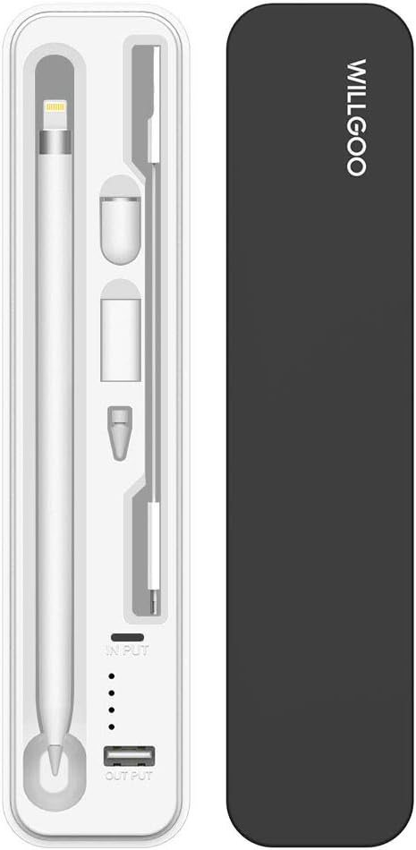 WILLGOO Updated Carrying Case For Apple Pencil Accessories with Rechargeable Same Lighting Charge Cable, Protective Function (Black)
