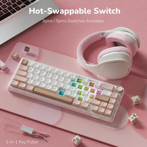 Image of RK ROYAL KLUDGE R65 Wired Mechanical Keyboard with Volume Knob, 60% Percent RGB Backlit Gasket Mount Gaming Keyboard with PBT Keycaps, MDA Profile, 66 Keys Hot Swappable Cream Switch, Pink