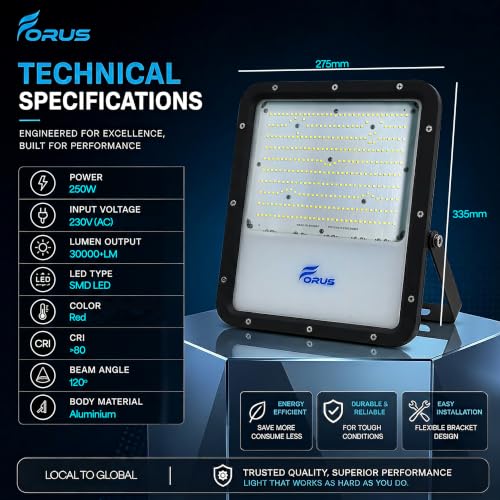 Image of Forus 250W LED Flood Light IP67 Waterproof, Red Outdoor Decorative Floodlight for Garden Decor, Landscape, Parking, Warehouse, High Mast Security Light with 4 Year Warranty