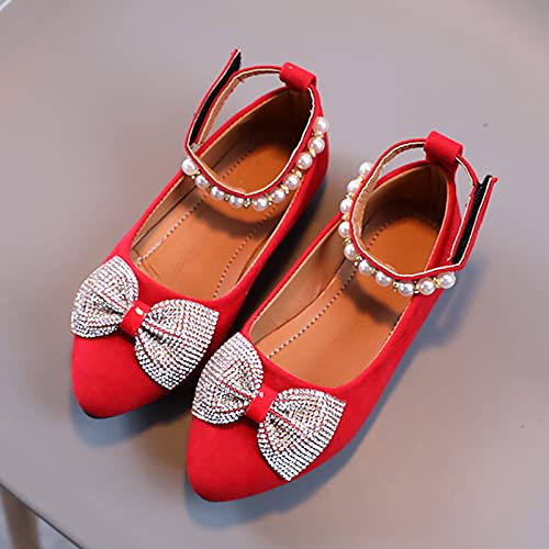 Girls Casual Shoes Shallow Mouth Slip On Pointed Pearl Princess Boat Shoes Kids Children Bowknot Youth Shower Shoes (Red, 32 Big Kids)2