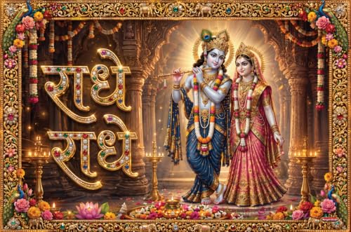 Image of Rangoli Radha Krishna Self Adhesive Poster 18x12 Inch | Radhe Radhe Hindu God Wall Sticker Poster for Home Temple Pooja Room Living Room Bedroom Decor | Spiritual Devotional Wall Art