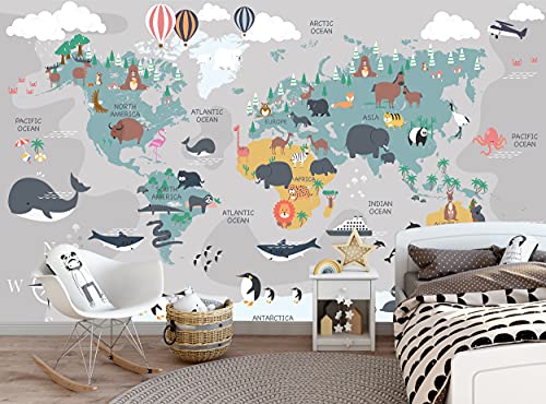 Weltkarte mit Tieren Wandbild Kinder Tapete Cartoon Kontinent Ozean Geographie B 366cm x H 254cm Wanddeko Bild Riesen Papier Poster Kinder Schlafzimmer