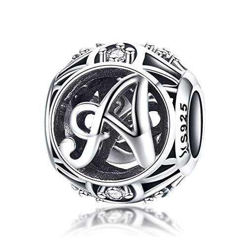 LaMenars Charme Breloque Lettre de l'alphabet A à Z Argent Sterling 925 Femmes Charms et Perles avec 5A Zircone Compatible pour Pandora & Européen Bracelets Collier (Lettre A)