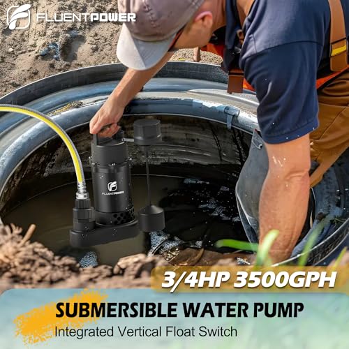 Image of FLUENTPOWER Submersible Sump Pump 3 /4HP 3500GPH, with Piggy-back Vertical Float Switch and 10' Cord, Portable Electric Cast Aluminum Sump /Sewage Pump for Basement Pool Garden Pond Basin, Black