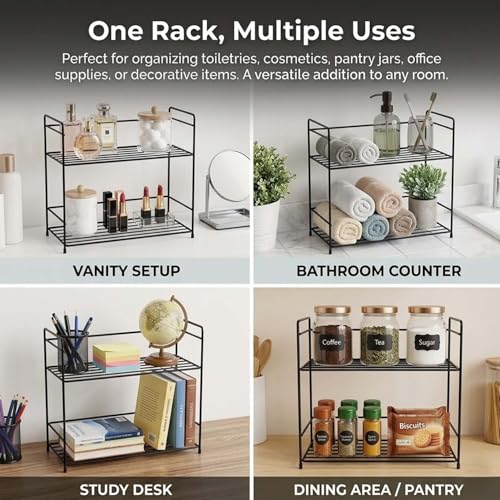 Image of Go Hooked 2 Tier Metal Storage Rack Organizer 31cm | Multipurpose Countertop Shelf for Home, Bathroom & Utility Storage | Black Wire Spice Rack for Jars, Bottles & Essentials
