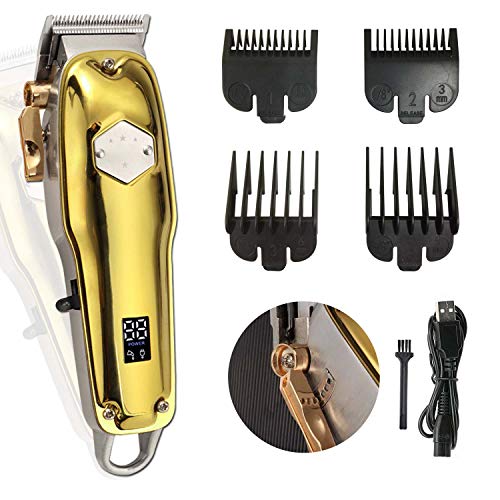 Tondeuse Professionnelle Cheveux Hommes avec le Corps en Métal, Longueur Réglable de Coupe de Cheveux avec 4 Peignes de Limite et Levier de Cône, Pointu et Durable, Parfait pour des Barbiers(Or)