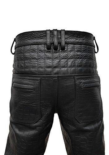 Real Mens Black Alligator Crocodile Print Leather Quilted Design Motorcycle Bikers Jeans Pants Trouser3