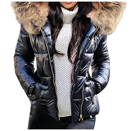 Winterjacke Damen Daunenjacke Glänzend Kurz Wintermantel Warm Puffer Jacke Outdoor Mantel mit Pelzkragen Mehrere Farbvarianten M Brown