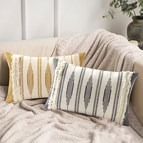Ailsan Boho Decorative Pillow Covers 12 X 20 Inch Grey Nordic Printed Woven Tufted Couch Pillow Cover Geometric Stripes Throw Pillow Covers For Sofa Bedroom Farmhouse Pillow Case #TOP5