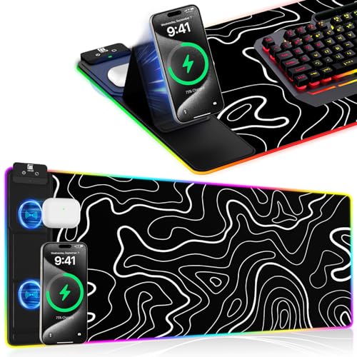 Image of XXL Mouse Pad with Phone Holder - Black, RGB Desk Mat with 15W Fast Charging, LED Gaming Mousepad with 11 Light Colors, Waterproof Non-Slip Pad for Office & Home (Topographic)