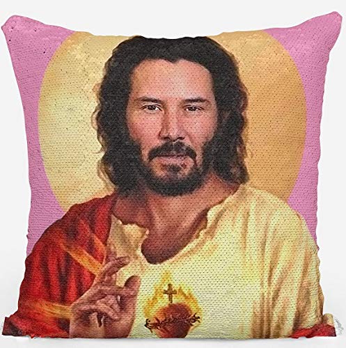 Plenty Dreams Keanu Reeves Jesus Nicolas Cage Face Reversible Sequin Cushion Cover Pillowcase A Magic Nick Cage Pillowcover Gift For Christmas And Honeymoon (Keanu Reeves Jesus)