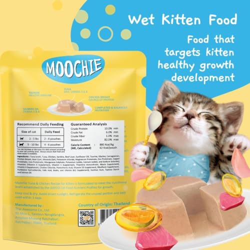 Image of Moochie Tasty Wet Cat Food, (85 g X 48 Pouches) Grain Free Cats Gravy Meal, Healthy Growth Tuna Mousse with Chicken, No Artificial Flavours Kitten Food, Non-Vegetarian Cat Foods Pouch