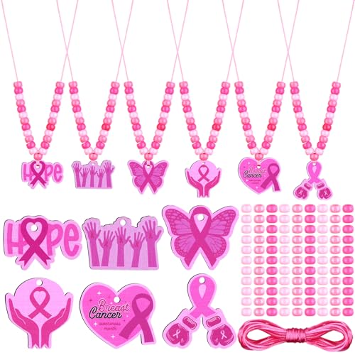 RZJSLSHANHAI 24 Sets Breast Cancer Awareness Beaded Necklace Making Kit Pink Ribbon Beads Necklace DIY Crafts with Pink Ribbon Pendants Rope for Breast Cancer Survivor Month Gift October Charity